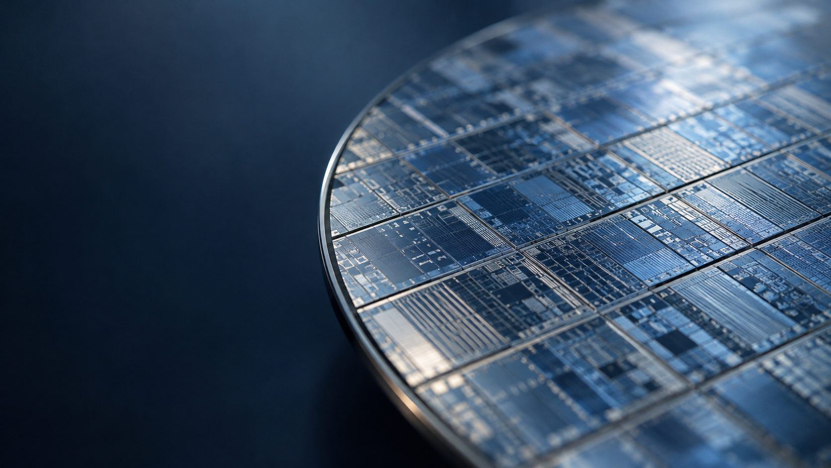 정밀한 미세 회로가 빛나는 청색 실리콘 웨이퍼